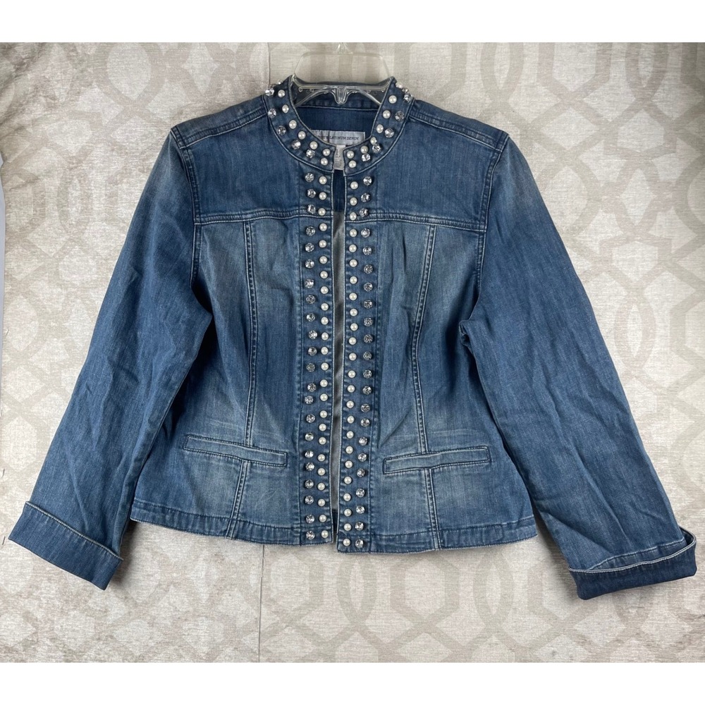 Chico's Platinum Denim Women 1 Medium Blue Faux Pearl Rhinestone Jean Jacket